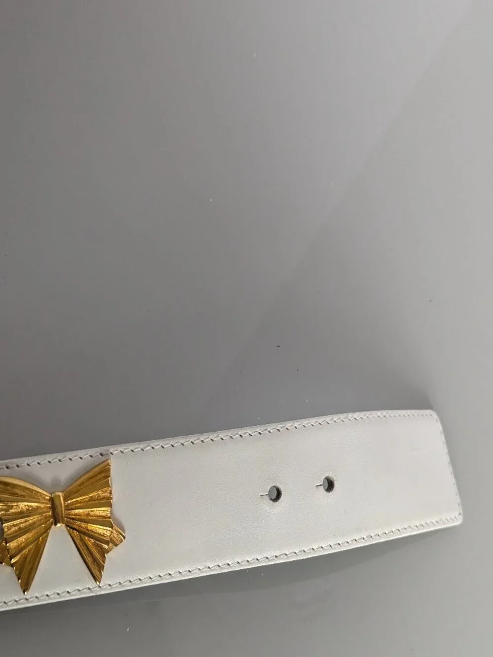 Escada Vintage White Leather Belt Gold Tone Bow Studs Bow Belt Buckle